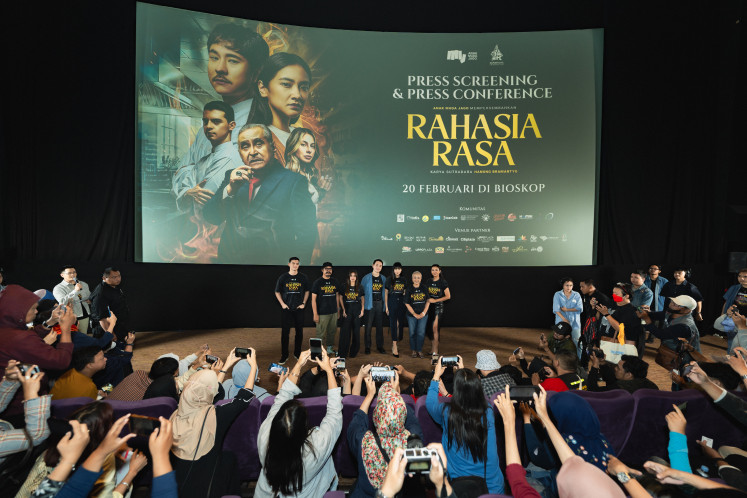 The cast of Rahasia Rasa takes center stage on Feb. 13, 2025, at the film’s press screening and conference at Epicentrum XXI in Jakarta.