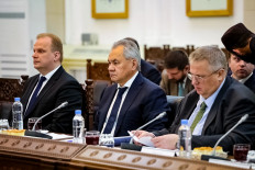 This handout photograph taken on November 25, 2024 and released by the Taliban deputy prime minister for economic affairs office shows the secretary of Russia's Security Council Sergei Shoigu (center) looking on during a bilateral meeting with Afghanistan's deputy prime minister for Economic Affairs Abdul Ghani Baradar at the Chahar Chinar Palace in Kabul. 