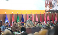 President Prabowo Subianto delivers a speech during a meeting of leaders of the Onward Indonesia Coalition (KIM)-Plus in Hambalang, Bogor, West Java, on Feb. 14, 2025.