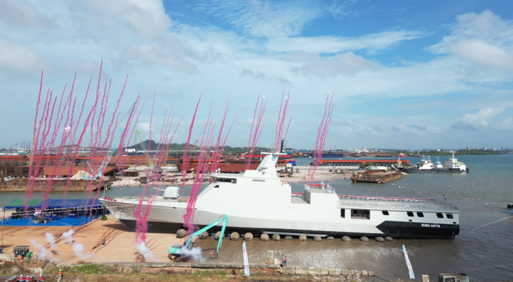 Fireworks accompany the launch of the Indonesian Navy's newest warship, the KRI Bung Hatta corvette on Feb. 27 at PT Karimun Anugrah Sejati shipyard in Batam, Riau Islands. Navy chief of staff Adm. Muhammad Ali launched the second ship from the domestically built Bung Karno-class corvette.