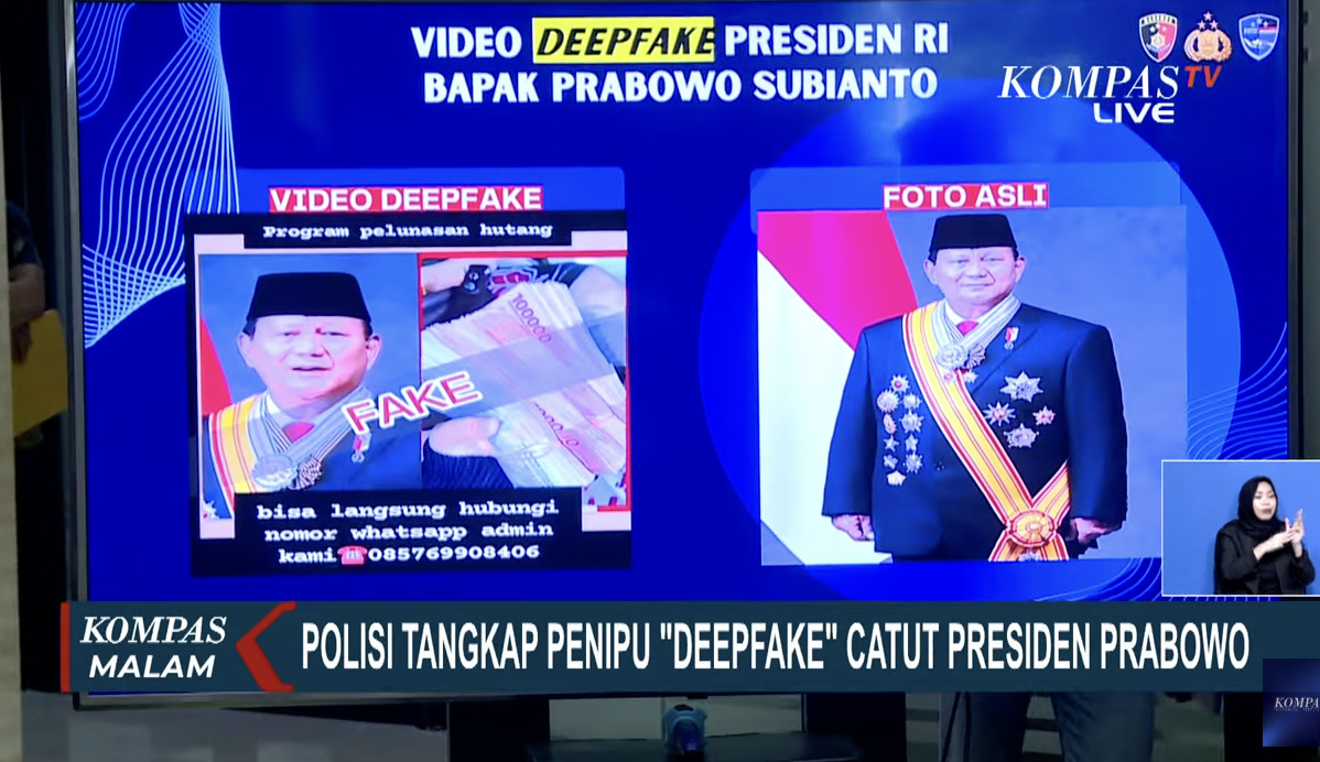 A screen grab of a police presentation on a deepfake video of President Prabowo Subianto.