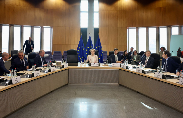 European Commission President Ursula von der Leyen attends a meeting with representatives of the European car industry as part of a Strategic Dialogue on the Future of the European Automotive Industry in Brussels, Belgium on Monday, March 3, 2025. 