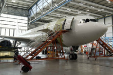 An aircraft stands on the ground at a factory of aerospace manufacturer Elbe Flugzeugwerke GmbH  in Dresden, eastern Germany, on Feb. 29, 2024.