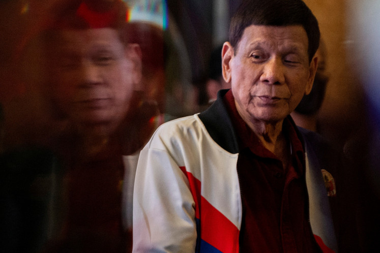 Former Philippine president Rodrigo Duterte delivers a speech during the proclamation rally for his political party PDP-Laban's senatorial candidates ahead of the midterm elections, at Club Filipino in San Juan, Metro Manila, Philippines, February 13, 2025. 
