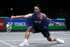 Indonesian shuttler Jonatan Christie competes in the men’s singles opening round of the 2025 All England badminton championships in Birmingham, the United Kingdom, on March 11, 2025. 