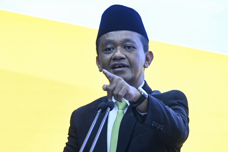 Energy and Mineral Resources Minister Bahlil Lahadalia delivers a speech on Feb. 26 after signing a memorandum of understanding (MoU) with Environment Minister Hanif Faisol Nurofiq on environmental protection in projects on energy and mineral resources in Jakarta.