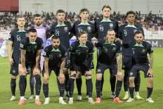 Australia's national soccer team players pose for a team picture during the 2026 World Cup Asian qualifiers match against Bahrain at Bahrain National Stadium in Riffa, Bahrain on Nov. 19, 2024.
