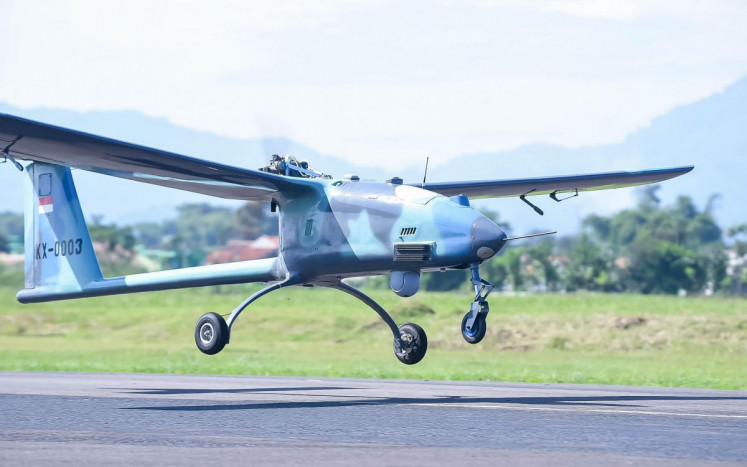 The Wulung tactical unmanned aerial vehicle (UAV) made by state-owned aerospace firm PT Dirgantara Indonesia (PTDI) performs a demo flight at Suparlan Airport in Batujajar, West Bandung regency, West Java, on March 14, 2025.  