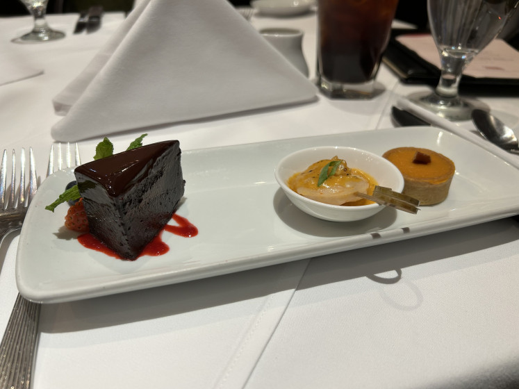 Ruth’s Chris’ delectable takjil offering: A long plate of their Chocolate Sin Cake, Grilled Shrimp, and Sweet Potato Casserole.