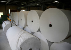 Rolls of paper are seen at the Maruhide Seishi factory in Ino, Kochi Prefecture, Japan, on Aug. 9, 2024.