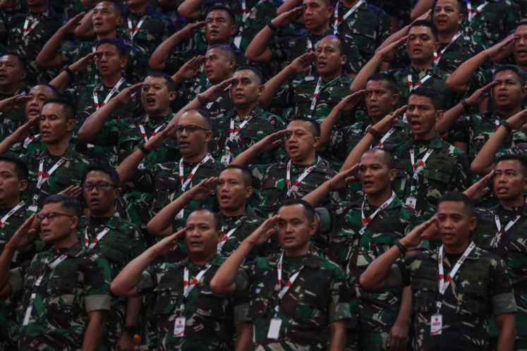High-ranking Indonesian Military (TNI) officers salute during the force's leadership meeting at the TNI headquarters in Jakarta on Jan. 31, 2025. 
