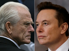 This combination of pictures created on April 08, 2025 shows, Senior Counselor to the President for Trade and Manufacturing Peter Navarro (left) at the White House in Washington, DC, on April 2, 2025 and Tesla and SpaceX CEO Elon Musk at the inauguration ceremony before Donald Trump is sworn in as the 47th US President in the US Capitol Rotunda in Washington, DC, on January 20, 2025.