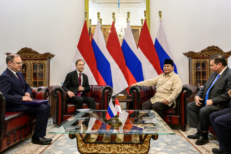 President Prabowo Subianto (second right) holds a bilateral meeting with Russia's First Deputy Prime Minister Denis Manturov at the State Palace in Jakarta in this handout picture taken and released on April 15 by the Palace.
