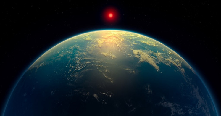 A handout artist's impression released on April 17, 2025 by N. Madhusudhan/University of Cambridge, shows the K2-18b super-Earth, a hycean world, such as exoplanet K2-18b which astronomers say they have found the strongest yet hints of life outside of the solar system.
