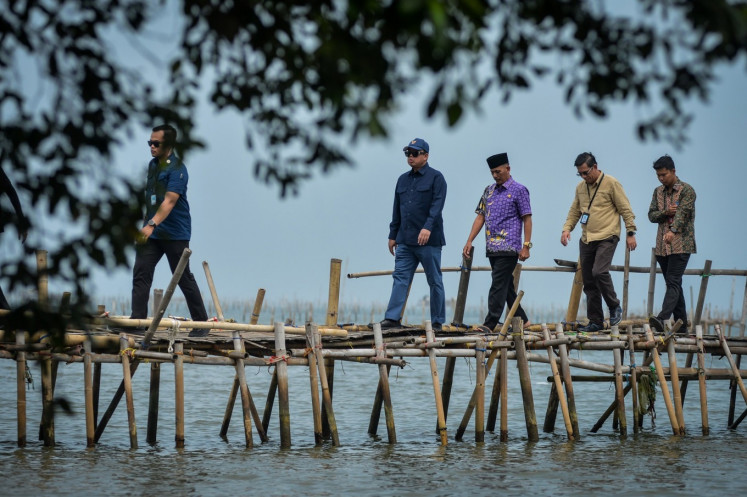 Agrarian and Spatial Planning Minister Nusron Wahid (second left) walks along a bamboo bridge on Jan. 24 while inspecting the 30-kilometer sea fence in Kohod village, Tangerang regency, Banten.  