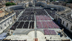 A photograph taken from St. Peter's Basilica shows a general view of late Pope Francis' coffin during the funeral ceremony in St Peter's Square at the Vatican, on April 26, 2025.