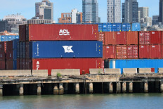 Shipping containers are stacked at the Red Hook Container Terminal on April 30, 2025, in New York City, US.