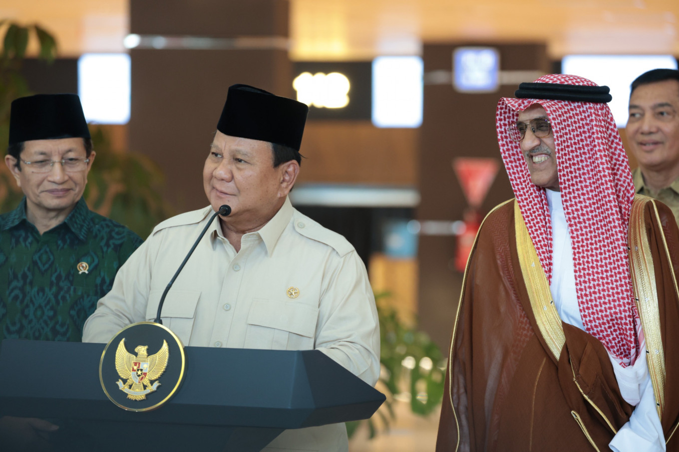 President Prabowo (second left) speaks on May 4, 2025, during the launch ceremony of the newly renovated Terminal 2F for haj and &lsquo;umrah&rsquo; (minor pilgrimage) travelers at Soekarno-Hatta International Airport in Tangerang, Banten.
