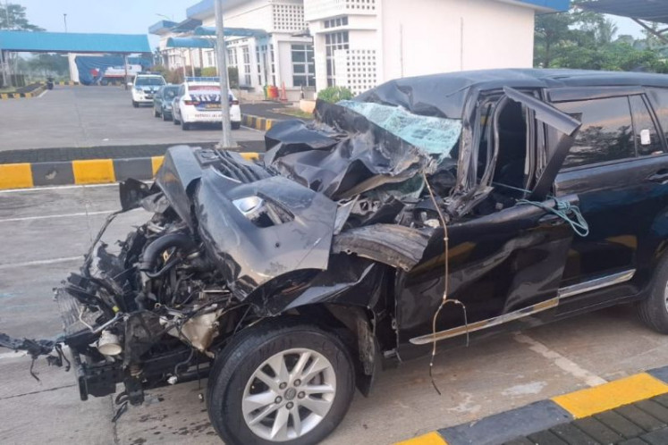 Severe damage is seen on the car carrying House of Representatives member Alamudin Dimyati Rois after a crash on the Pemalang-Batang toll road on May 2, 2025. 