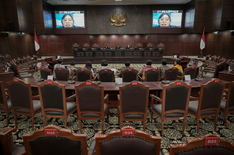 A view of the Constitutional Court during a hearing at the court's building in Jakarta on May 9, on a judicial review petition challenging the Indonesian Military (TNI) Law revision. The court received at least 14 petitions challenging the law, arguing that the law was passed without meaningful public participation.