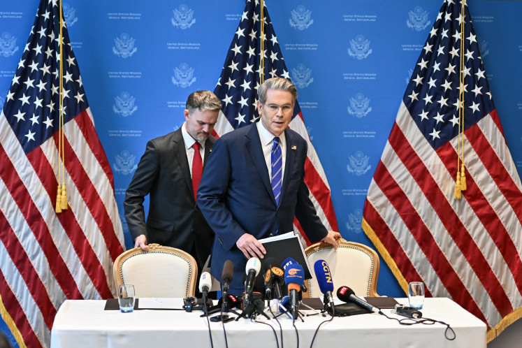 US Treasury Secretary Scott Bessent (right) and US Trade Representative Jamieson Greer arrive to deliver a news conference in Geneva on May 12, 2025, to give details of “substantial progress“ following a two-day closed-door meeting between US and China top officials aimed at ending a devastating tariff war.