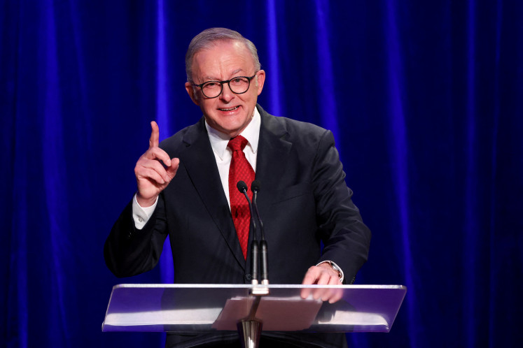 Australia's Prime Minister Anthony Albanese speaks at a Labor party election night event, after local media projected the Labor Party's victory, on the day of the Australian federal election, in Sydney, Australia, May 3, 2025.