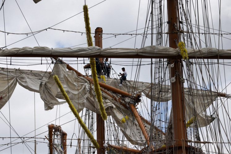 The damaged masts of the Cuauhtémoc, a Mexican Navy training ship that crashed into the Brooklyn Bridge, are seen as it sits moored in lower Manhattan on May 18, 2025 in New York City. 