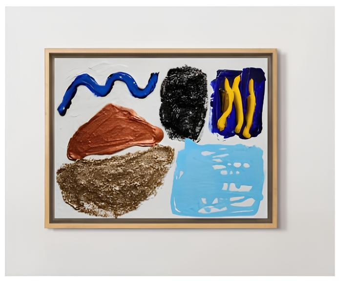'Lake & Copper' (2024) by Aimi Kaiya. Acrylic, acrylic ink, gold mica flake and black mica flake on Leonardesca linen, 40 x 30 centimeters.