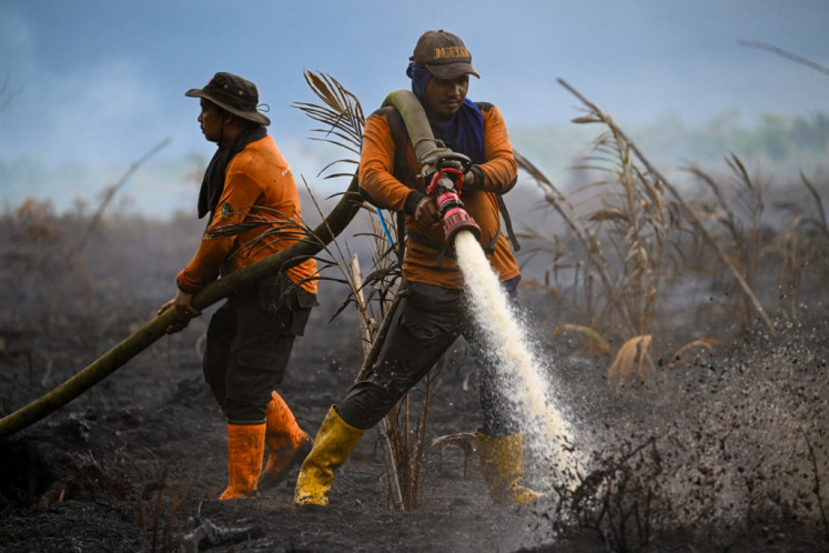 Members of the National Disaster Mitigation Agency (BNPB) work at the scene of a fire at a peatland forest converted into palm oil plantations in Meulaboh, Aceh on Feb. 15, 2025.