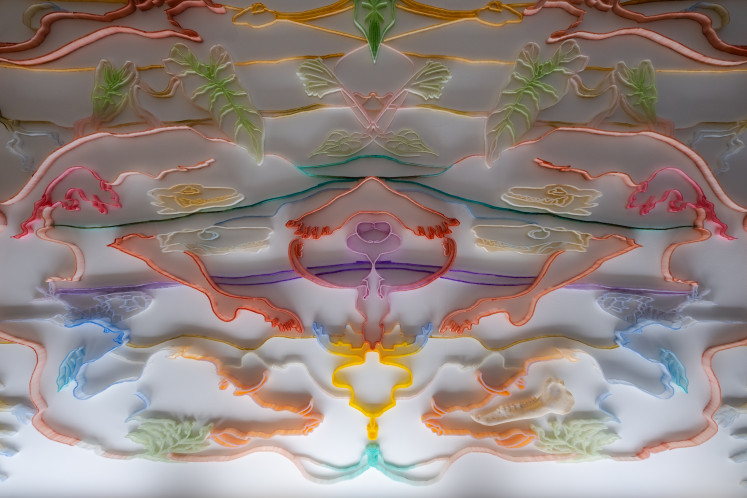 Lit up: An artwork entitled The Land Lost to The Sea (2024) by Kei Imazu is made of acrylonitrile butadiene styrene plastic (ABS), oil paint, LED lights and artifacts, 835 x 308 x 5 centimeters. Courtesy of Liandro Siringoringo
