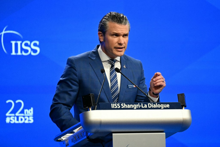 United States Secretary of Defense Pete Hegseth delivers an address at the Shangri-La Dialogue Summit in Singapore on May 31, 2025.