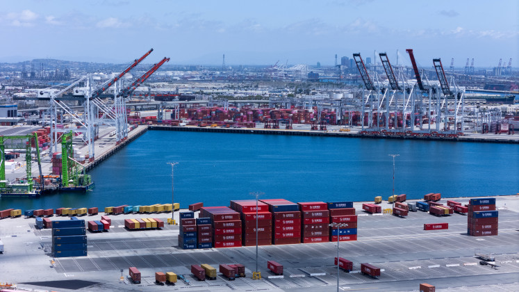 Cranes at the Port of Los Angeles are empty of cargo ships as shown with a drone in San Pedro California, United States on May 13, 2025.