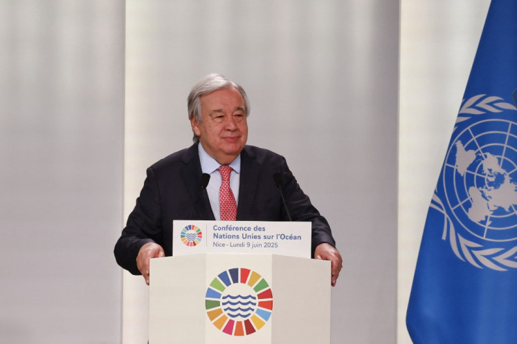UN general secretary Antonio Guterres addresses the opening session of the third United Nations Ocean Conference (UNOC3), which gathers leaders, researchers and activists to discuss how to protect marine life until June 13, at the Centre des Expositions conference center in the French riviera city of Nice, on June 9, 2025.