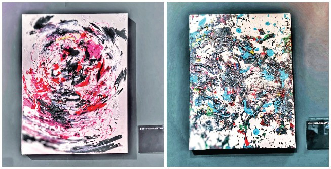 Burst of color: A combined photo showing two paintings by fashion designer Didit Hediprasetyo, displayed during the Expression of the Journey exhibition, held from May 2 to 4, 2025, at The Dharmawangsa in Jakarta.