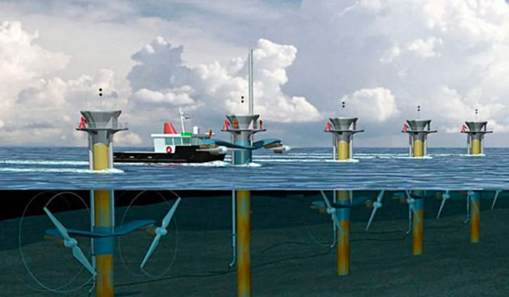 Marine energy: This illustration shows a 2021 turbine installation design of an ocean current power plant (PLTAL) in Gonzalu Strait, Larantuka, East Nusa Tenggara.
