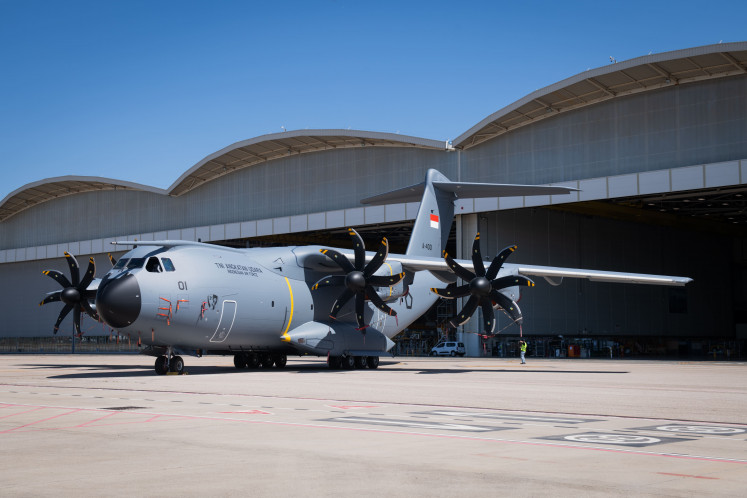 The first Airbus A400M Atlas heavy transport aircraft sporting the Indonesian Air Force livery is parked in Seville, Spain, in this undated picture released on June 11, 2025. Indonesia's first A400M will be delivered in November 2025.  