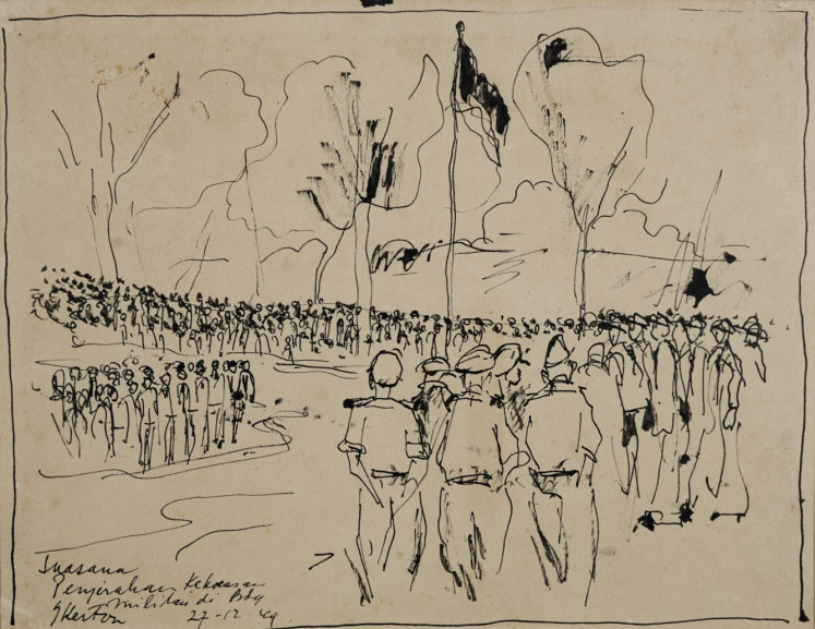 Historic trace: A photo of a sketch created by Indonesian artist Sudjana Kerton, entitled 'Soeasana Penjerahan Kekoeasaaan di Bandung', which loosely translates as 'A scene of transfer of power in Bandung'. The sketch was made in 1949 and measures 25.2 x 32.6 centimeters. The art is on display during “The Hidden Treasures of Sudjana Kerton” exhibition at Art:1 New Museum in Jakarta, from June 11 to 26, 2025. 