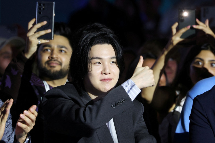 K-pop boy band BTS member Suga attends Samsung Galaxy Unpacked 2023 in Seoul, South Korea, on July 26, 2023.