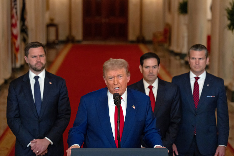 United States President Donald Trump addresses the nation, alongside US Vice President JD Vance (from left to right), US Secretary of State Marco Rubio and US Secretary of Defense Pete Hegseth, from the White House in Washington, DC on June 21, 2025, following the announcement that the US bombed nuclear sites in Iran.