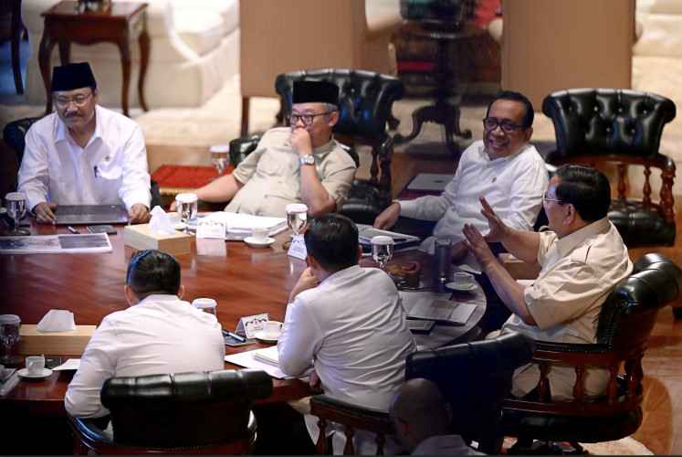 President Prabowo Subianto gives instructions for some of his cabinet members at his private residence in Hambalang, Bogor, West Java on June 23, 2025.