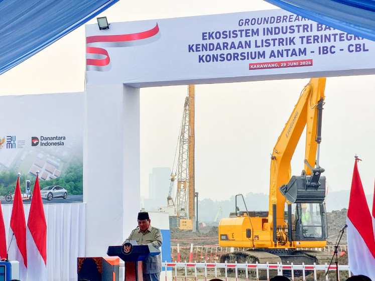 President Prabowo Subianto delivers a speech during the groundbreaking ceremony of the integrated EV battery ecosystem project by the Antam-IBC-CBL consortium at Artha Industrial Hill, Karawang, West Java, on June 29, 2025.
