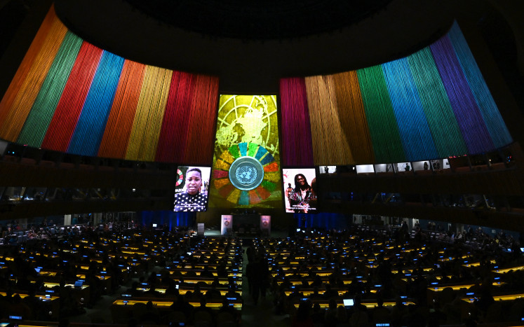 A video is displayed during the opening session of the second Sustainable Development Goals (SDG) Summit in New York City, the United States, on Sept. 18, 2023, ahead of the 78th UN General Assembly.