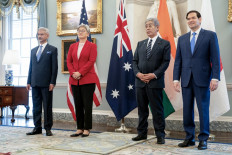 US Secretary of State Marco Rubio (right) poses for a group picture at a press conference with the Indo-Pacific Quad alongside Australia's Foreign Minister Penny Wong (2nd-left), Japanese Foreign Minister Takeshi Iwaya (2nd-right) and Indian External Affairs Minister Subrahmanyam Jaishankar at the State Department in Washington, DC, on July 1, 2025. 