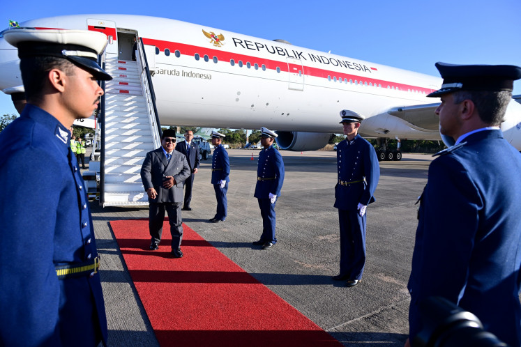 President Prabowo Subianto disembarks the presidential airplane at the Brasilia Air Force Base in the Brazilian capital city on July 7, 2025. Prabowo is slated to meet with his Brazilian counterpart Luiz Inacio Lula da Silva in a bilateral meeting to strengthen the cooperation between Indonesia and Brazil.