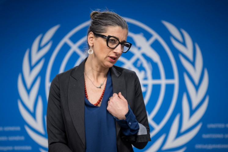  United Nations (UN) Special Rapporteur on the Rights Situation in the Palestinian Territories, Francesca Albanese gestures after a press conference during a session of the UN Human Rights Council, in Geneva, on March 27, 2024. 