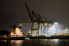 Container gantry cranes are seen at the container terminal at Europe's second largest container port in Hamburg, northern Germany on Feb. 4.
