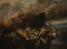 The oil painting 'Boschbrand' (Forest Fire), by Raden Saleh from the year 1849.