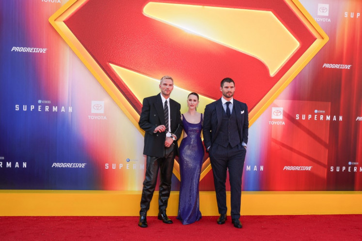 (Left-right) English actor Nicholas Hoult, US actress Rachel Brosnahan and US actor David Corenswet attend the Los Angeles premiere of “Superman“ at the TCL Chinese Theatre in Hollywood, California, on July 7, 2025. 