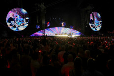 Jonny Buckland, Will Champion, Chris Martin and Guy Berryman of Coldplay perform on a stop of the band's Music of the Spheres world tour at Allegiant Stadium on June 06, 2025 in Las Vegas, Nevada, US.   