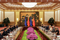 Chinese President Xi Jinping listens to President of the European Council, Antonio Costa, in presence of President of the European Commission, Ursula von der Leyen, and High Representative for Foreign Affairs and Security Policy and Vice-President of the European Commission Kaja Kallas during the opening remarks of the 25th European Union - China Summit at the Great Hall of the People in Beijing, China, 24 July 2025.